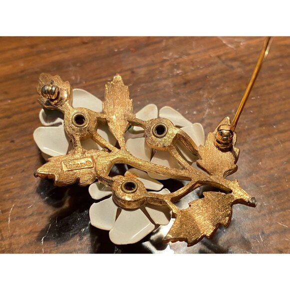 Signed TRIFARI Enamel Flower Brooch | Vintage White Rose and Green Leaf Pin | Co - Picture 2 of 4